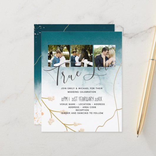 Papier BUDGET Moderne Abstrait mariage Turquoise or Invit (Devant/Arrière en situation)