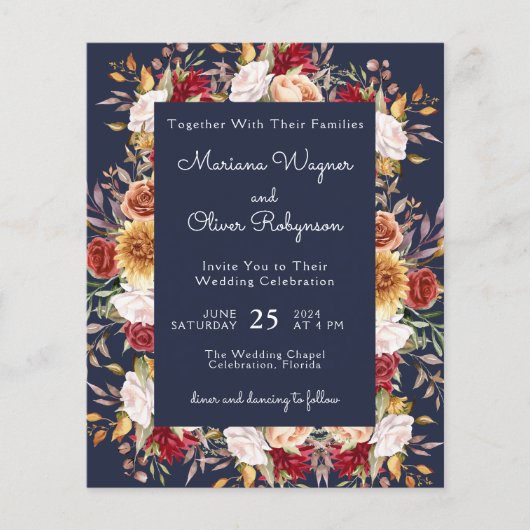 Papier Budget Moderne Automne Floral Marine Mariage bleu (Devant)
