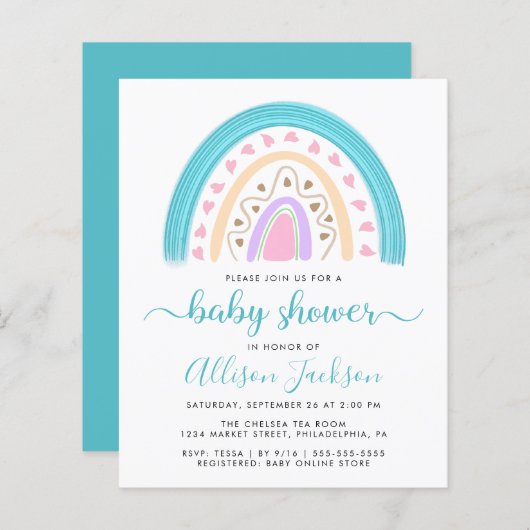 Papier Budget Moderne Baby shower arc-en-ciel Invitation (Devant / Derrière)