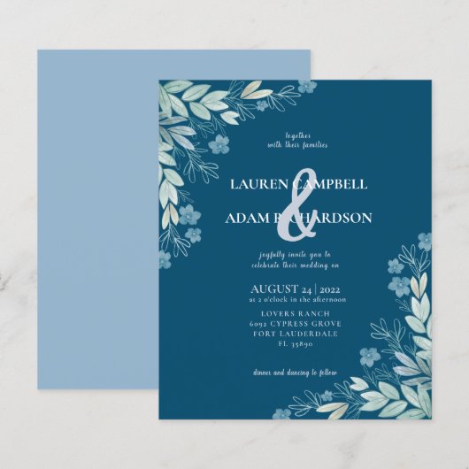 Papier Budget Moderne Bleu Faire-part de mariage Foliing (Devant / Derrière)