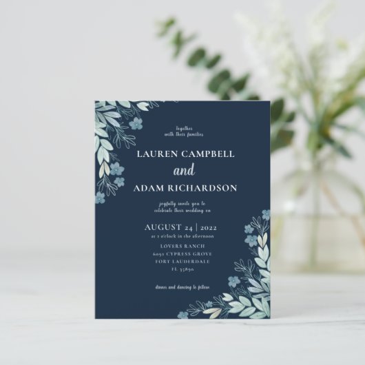 Papier Budget Moderne Bleu Faire-part de mariage Foliing (Debout devant)