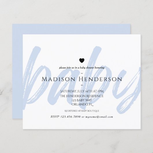 Papier Budget Moderne Bleu Minimum Baby shower Invitation (Devant / Derrière)