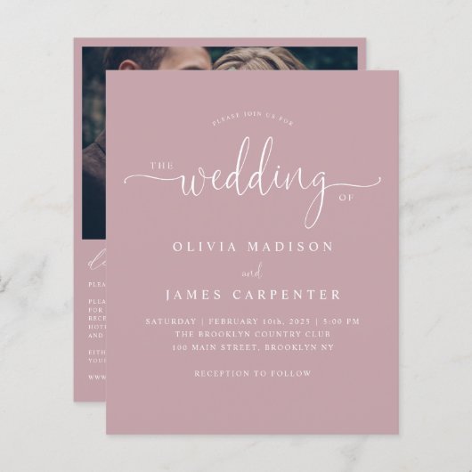 Papier Budget Moderne Boho Dusty Rose Photo Mariage Invit (Devant / Derrière)