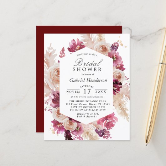 Papier Budget Moderne Boho Maroon nuptiale de douche Invi (Devant/Arrière en situation)