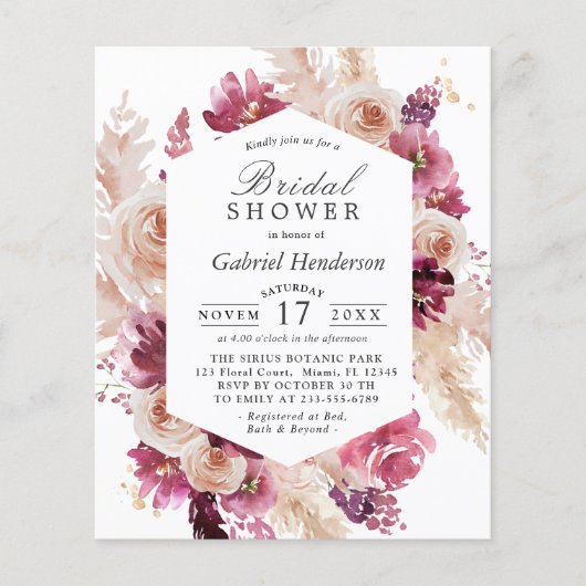 Papier Budget Moderne Boho Maroon nuptiale de douche Invi (Devant)