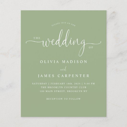 Papier Budget Moderne Boho Sage Vert Photo Mariage Invita (Devant)