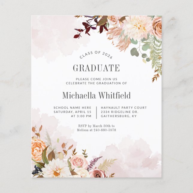 Papier Budget Moderne Botanique Chic Graduation Invitatio (Devant)