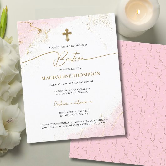 Papier Budget Moderne Croix Dorée Fille Bautizo Rose