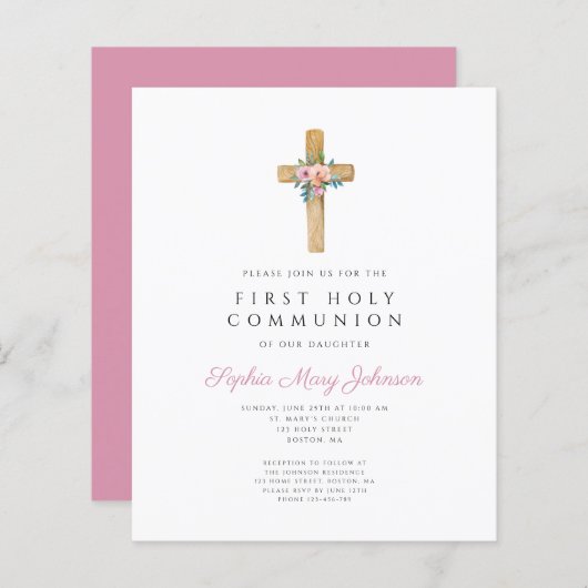 Papier Budget Moderne Croix Florale Première Communion Fi (Devant / Derrière)