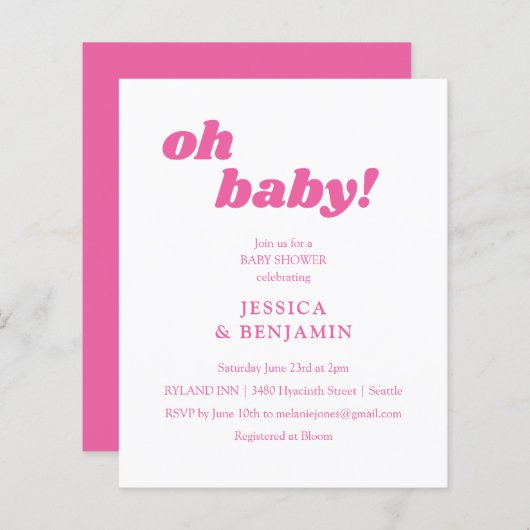 Papier Budget Moderne Cute Rose Baby shower Invitation (Devant / Derrière)