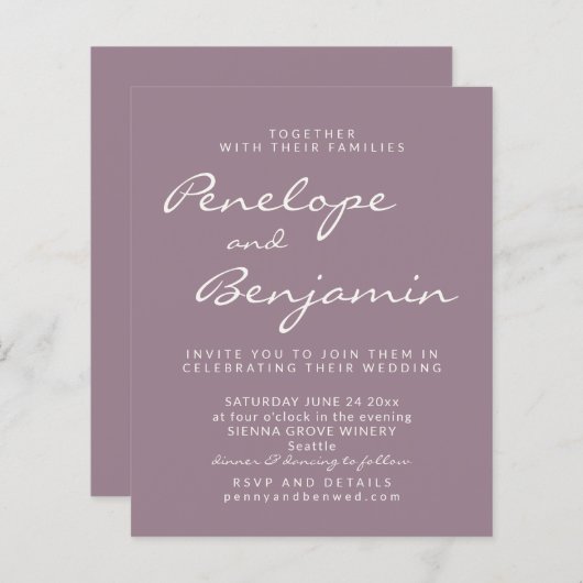 Papier Budget Moderne Dusty Purple Script Mariage Invite (Devant / Derrière)
