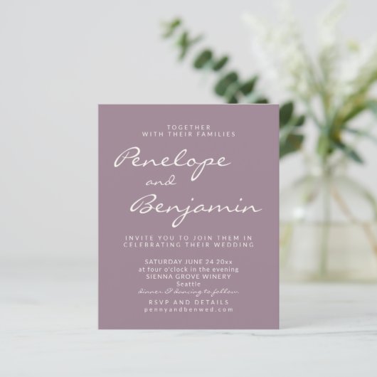 Papier Budget Moderne Dusty Purple Script Mariage Invite (Debout devant)