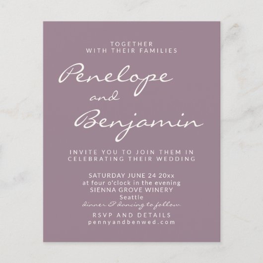 Papier Budget Moderne Dusty Purple Script Mariage Invite (Devant)