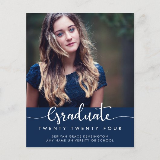Papier BUDGET Moderne Élégant Script Bleu Photo Graduatio (Devant)