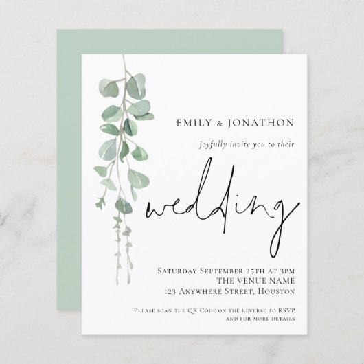 Papier Budget Moderne Eucalyptus QR Code Mariage Invitati (Devant / Derrière)