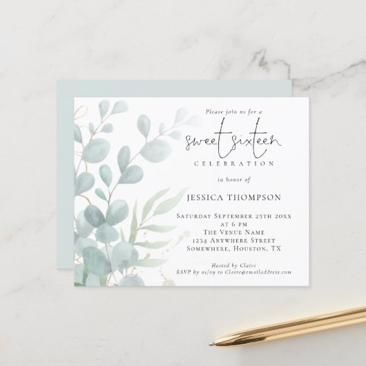 Papier Budget Moderne Eucalyptus Sweet sixteen Invitation (Devant/Arrière en situation)