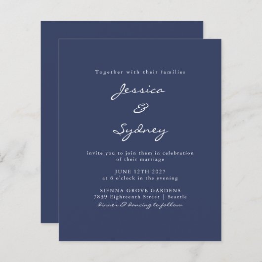 Papier Budget Moderne Faire-part de mariage de script ble (Devant / Derrière)
