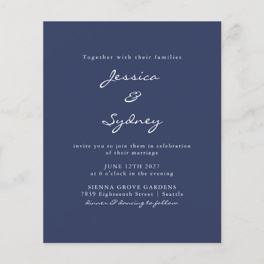 Papier Budget Moderne Faire-part de mariage de script ble (Devant)