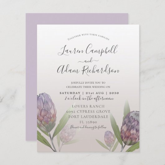 Papier Budget Moderne Faire-part de mariage Floral Violet (Devant / Derrière)