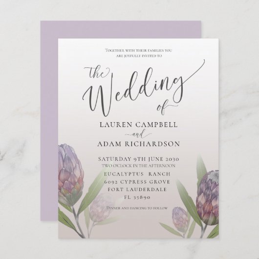 Papier Budget Moderne Faire-part de mariage Floral Violet (Devant / Derrière)