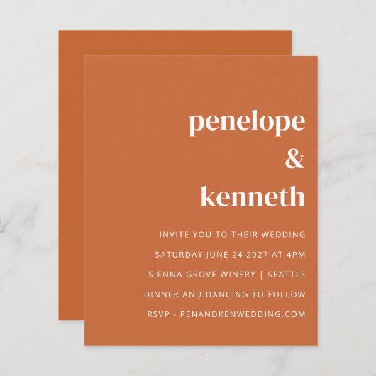 Papier Budget Moderne Faire-part de mariage Orange Brûlé (Devant / Derrière)