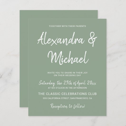 Papier Budget moderne faire-part de mariage vert olive (Devant / Derrière)