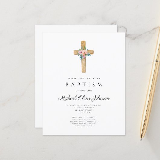 Papier Budget Moderne Floral Cross Baptism Invitation (Devant/Arrière en situation)