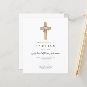 Papier Budget Moderne Floral Cross Baptism Invitation