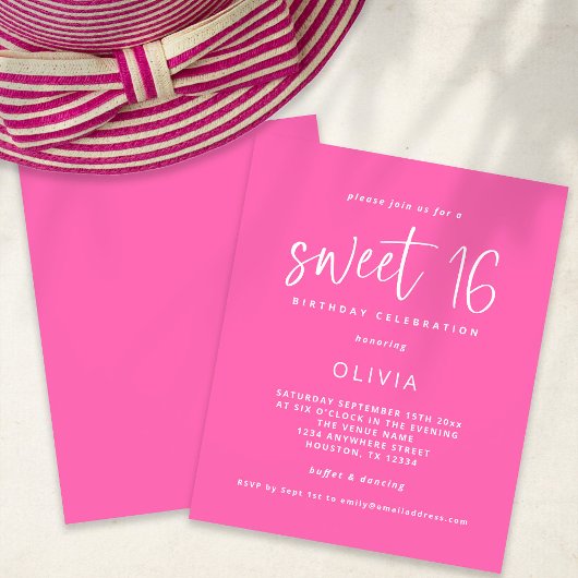 Papier Budget moderne Hot rose Sweet 16 Invitation d'anni