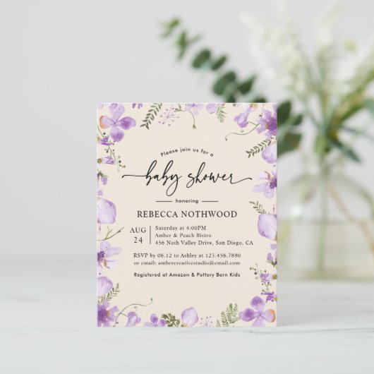 Papier Budget Moderne Lavender Baby shower Invitation (Debout devant)