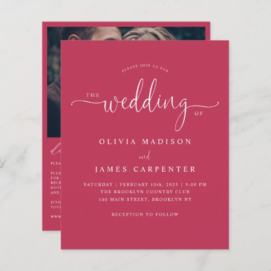 Papier Budget Moderne Magenta Rose Photo Mariage Invitati (Devant / Derrière)