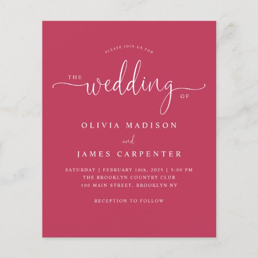 Papier Budget Moderne Magenta Rose Photo Mariage Invitati (Devant)