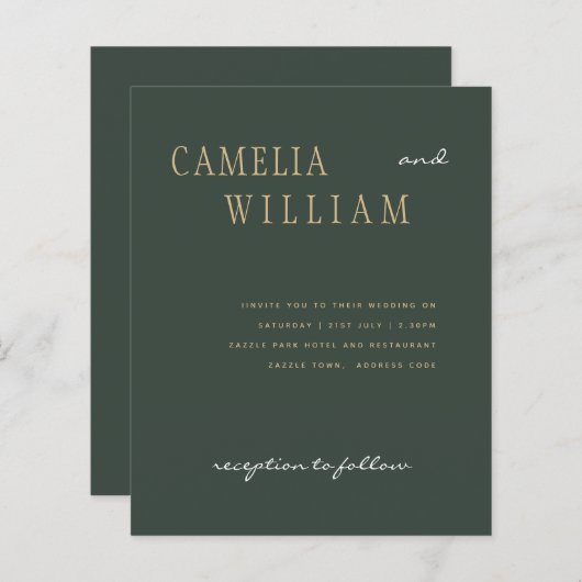 Papier BUDGET Moderne Mariage Moss Green Gold Invitation (Devant / Derrière)