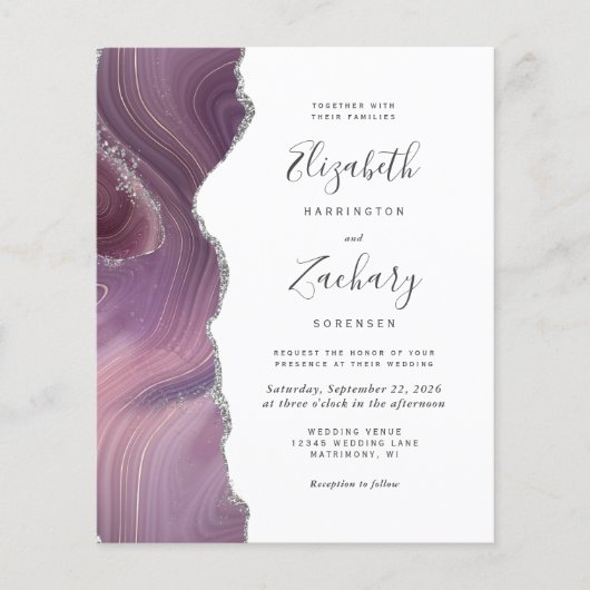Papier Budget Moderne Mauve Argent Agate Mariage Invitati (Devant)