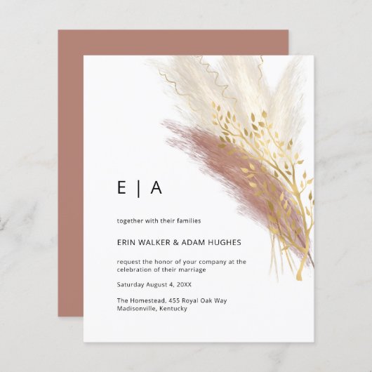 Papier Budget Moderne Monogramme Boho rose or Pampas Gris (Devant / Derrière)