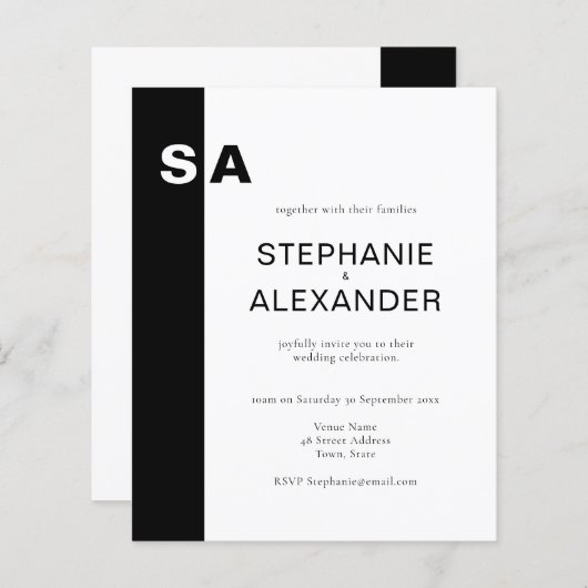 Papier Budget Moderne Monogramme Noir Blanc Mariage Invit (Devant / Derrière)