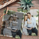 Papier Budget moderne noir transparent mariage photo<br><div class="desc">Un faire-part de mariage photo moderne et tendance double face affichant vos informations mariages sur l'une de vos photos préférées avec une superposition transparente noire et accentué par un script élégant, mais avec un oeil sur le budget. Facilement personnalisable avec vos détails de cérémonie mariage en gris foncé pour un...</div>