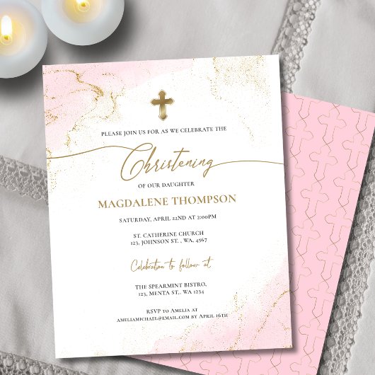 Papier Budget Moderne Pink Gold Cross Christening fille