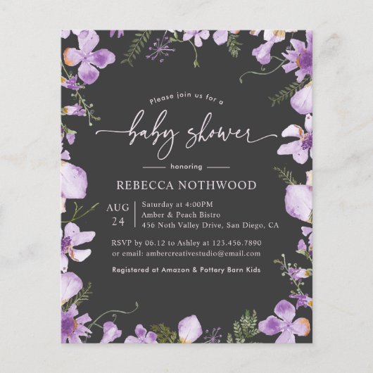 Papier Budget Moderne Purple Floral Baby shower Invitatio (Devant)