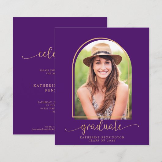 Papier Budget Moderne Purple Gold Arch Photo Graduation (Devant / Derrière)