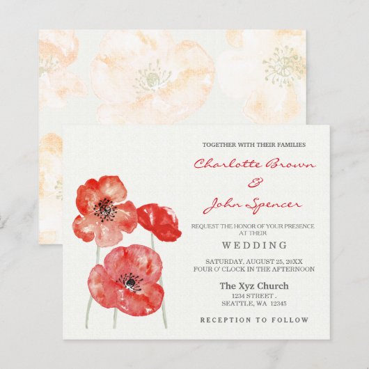 Papier Budget Moderne Red Poppy Floral invitations de mar (Devant / Derrière)