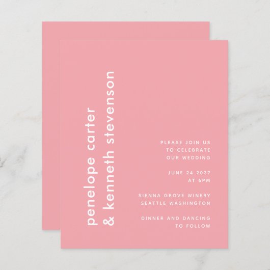 Papier Budget Moderne Rose rose Simple Mariage Invitation (Devant / Derrière)