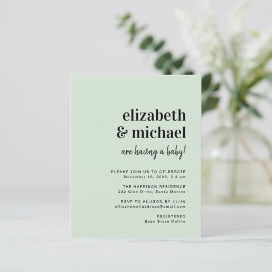 Papier Budget Moderne Sage Couples Baby shower Invitation (Debout devant)