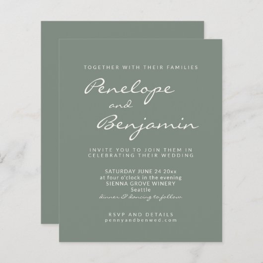 Papier Budget Moderne Sage Green Script Mariage Invitatio (Devant / Derrière)