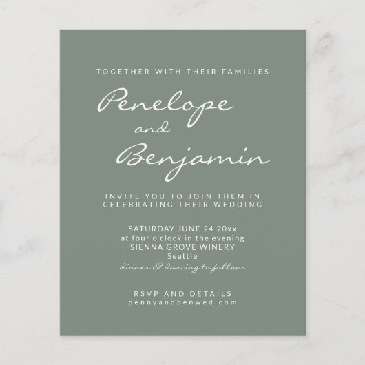 Papier Budget Moderne Sage Green Script Mariage Invitatio (Devant)