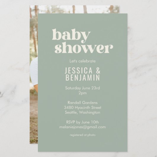 Papier Budget Moderne Sage Vert Baby shower Photo Invitat (Devant / Derrière)