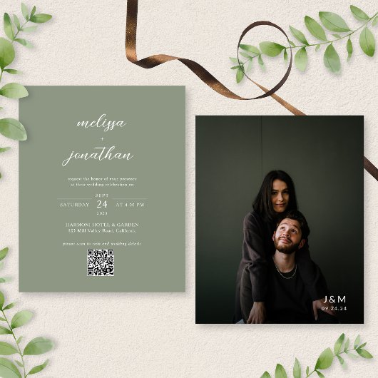 Papier BUDGET Moderne Sage Vert Photo QR Code Mariage