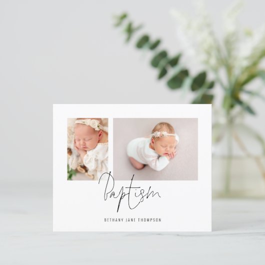 Papier Budget Moderne Script 2 Photos Baptême Invitation (Debout devant)