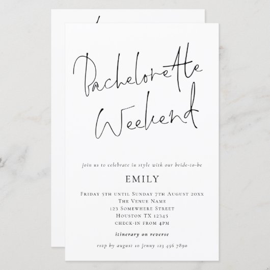 Papier Budget Moderne Script Bachelorette Invitation de f (Devant / Derrière)