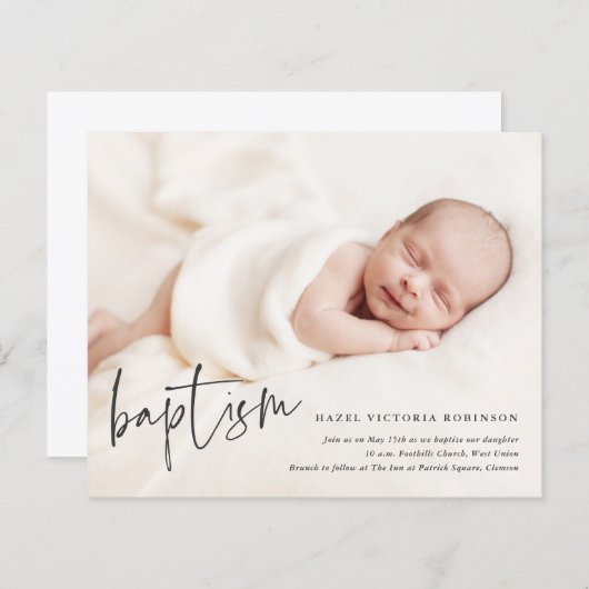 Papier Budget Moderne Script Baptême Invitation (Devant / Derrière)